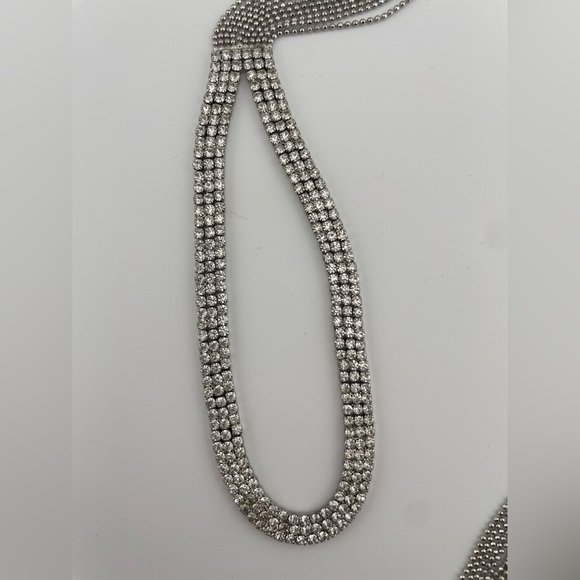 Modern Silver Mesh Lariat Necklace Rhinestone Loop Long Tassel Drop - Picture 8 of 11